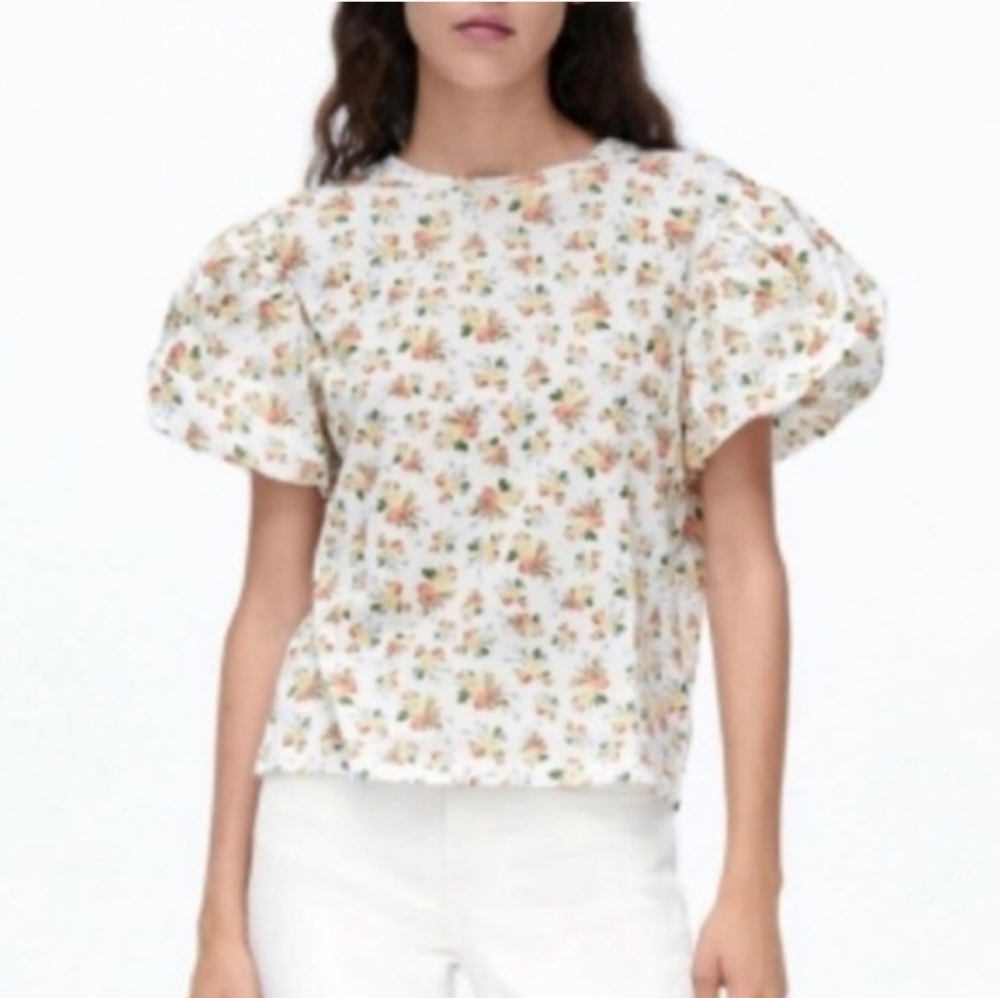 ZARA White Floral Short Puff Sleeve Cropped T-Shirt Size Small